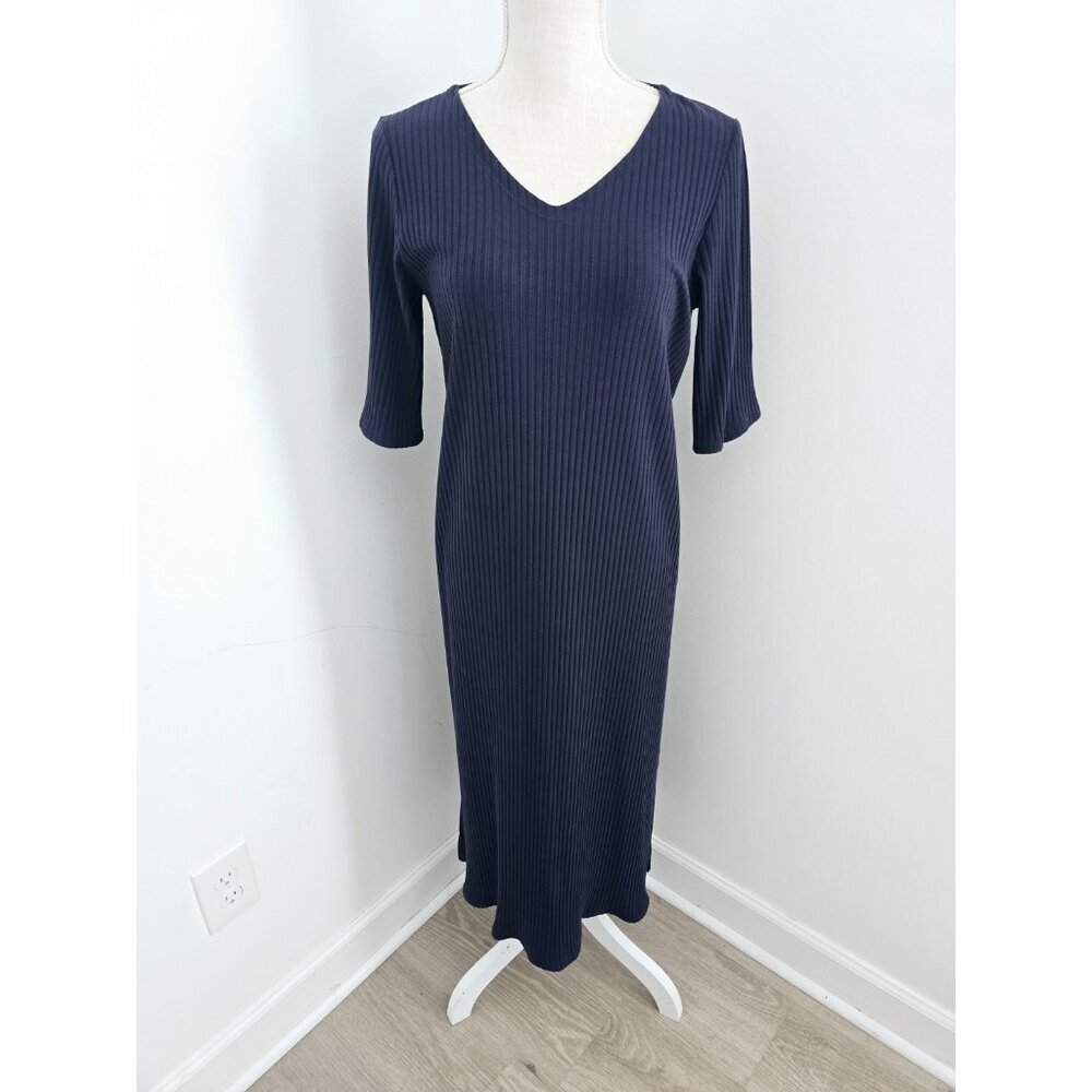 Eileen Fisher Ribbed V-Neck Tencel Straight Navy Blue Half Sleeve Midi Dress M